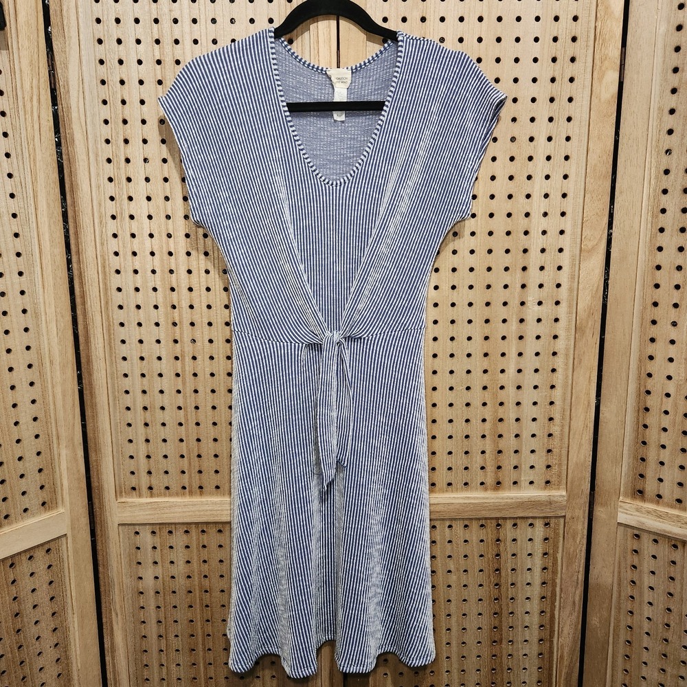 CAUTION TO THE WIND Anthro Blue Striped Ribbed Knit Tie Front‎ Fit Flair Dress M